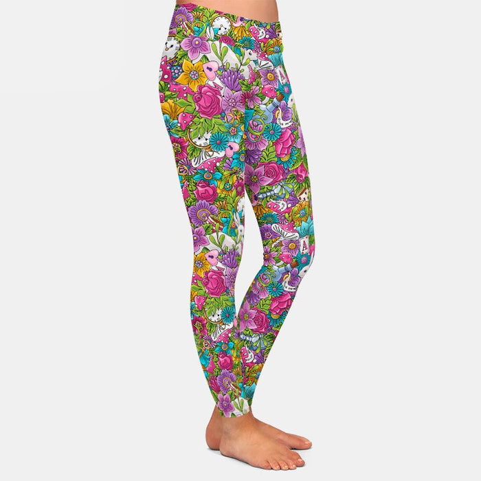 Ladies 3D Hand-Painted Flowers/Clocks/Rabbits Printed Leggings