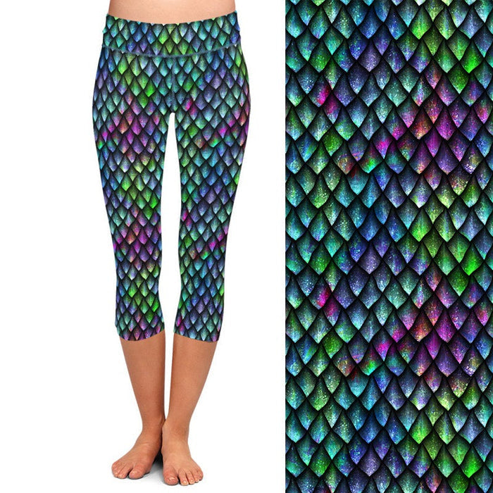 Ladies 3D Rainbow Fish Scales Printed Capri Leggings