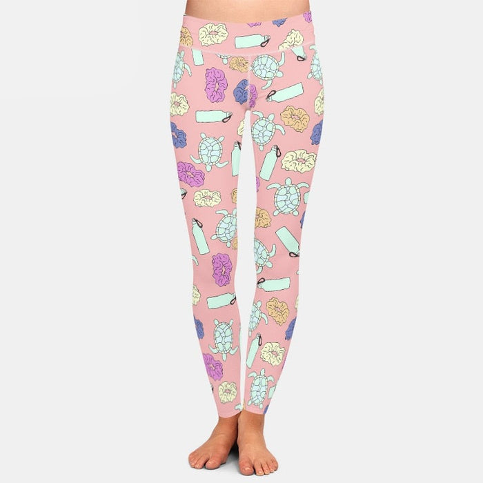 Ladies 3D Sea Turtles & Water Bottles Printed Leggings