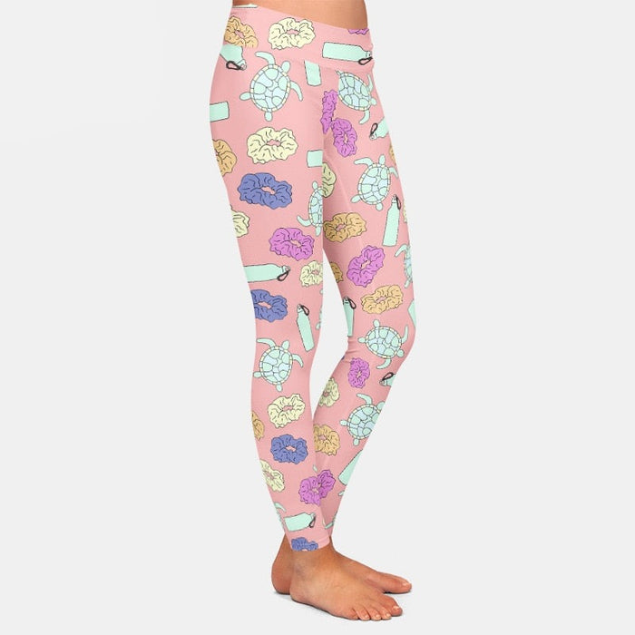 Ladies 3D Sea Turtles & Water Bottles Printed Leggings