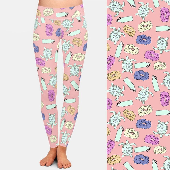 Ladies 3D Sea Turtles & Water Bottles Printed Leggings