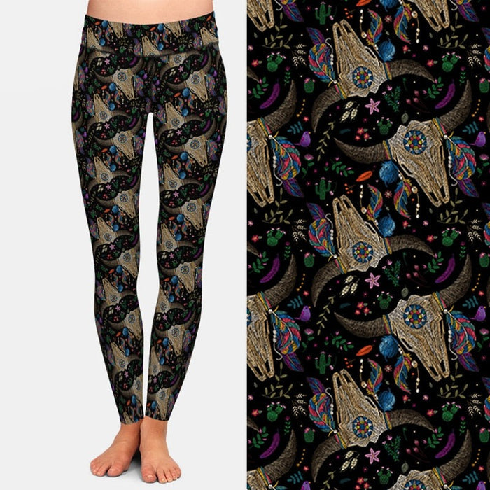 Ladies 3D Tribal Horn Printed Brushed Leggings