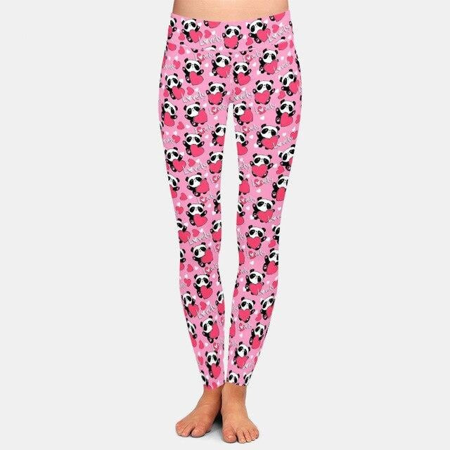 Ladies 3D Valentine's Day Pandas & Hearts Printed Leggings