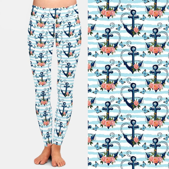Ladies Anchors, Peonies & Butterflies Printed Leggings