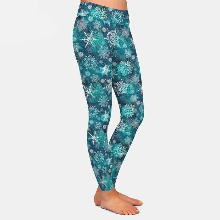 Ladies Beautiful 3D Teal Christmas Snowflakes Printed Leggings