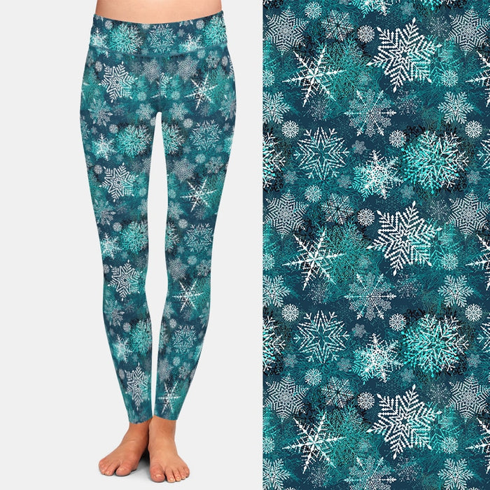 Ladies Beautiful 3D Teal Christmas Snowflakes Printed Leggings