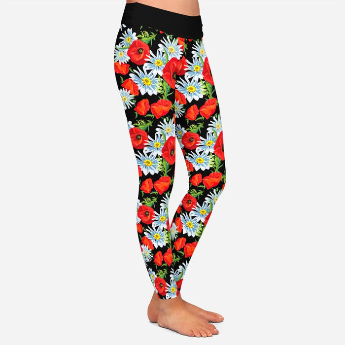 Ladies Beautiful Black Poppy Flowers Printed Leggings