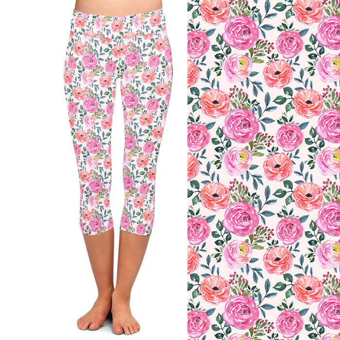 Ladies Beautiful Flowers Printed Capri Leggings