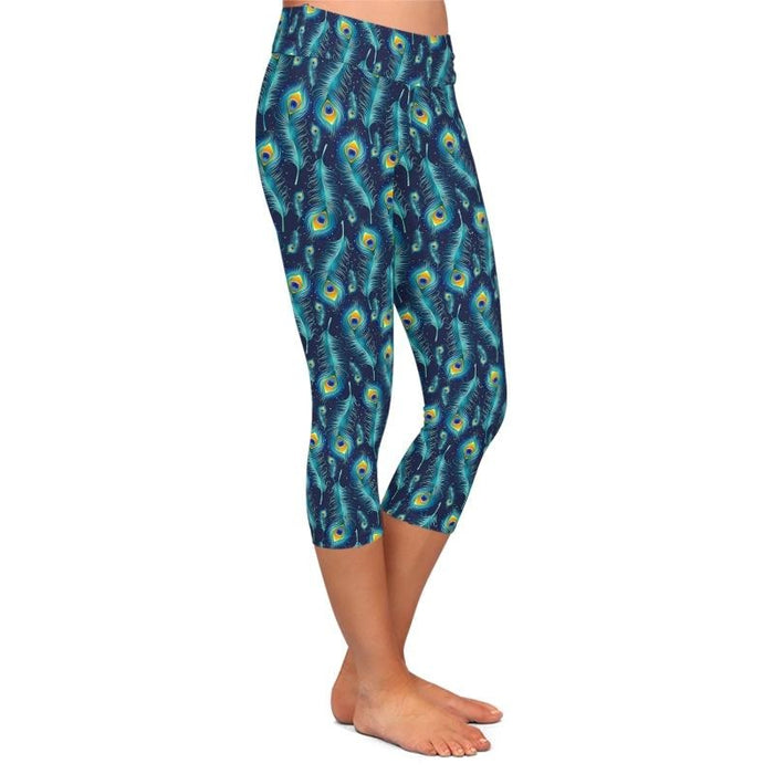 Ladies Beautiful Peacock Feathers Capri Leggings