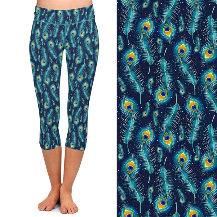 Ladies Beautiful Peacock Feathers Capri Leggings