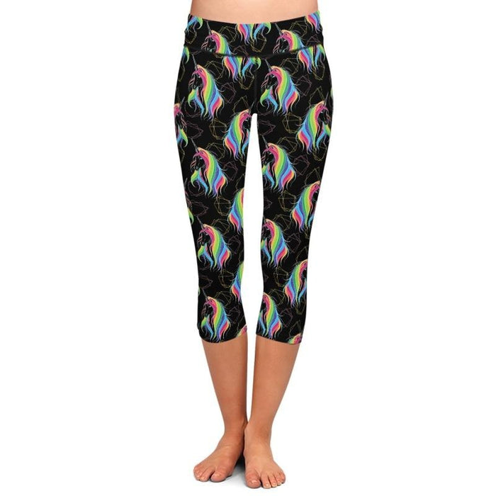 Ladies Black Capris With 3D Neon Rainbow Unicorns Printed Leggings