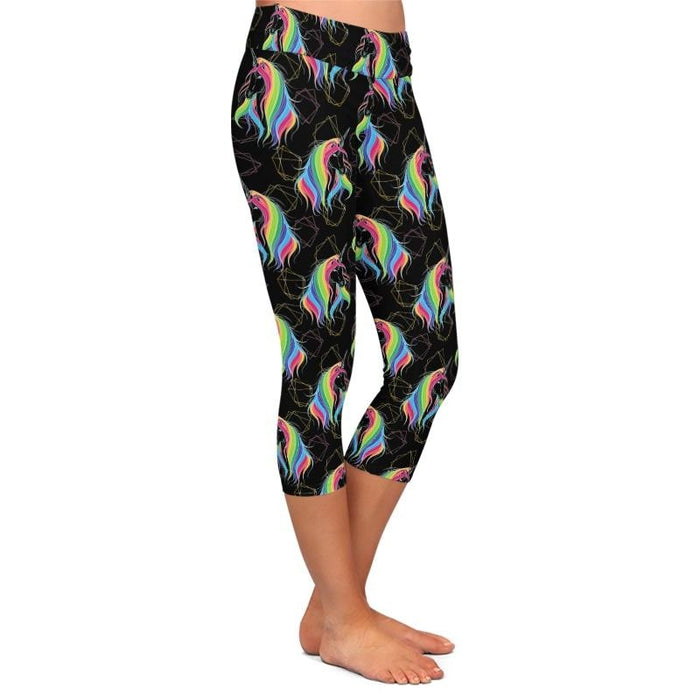 Ladies Black Capris With 3D Neon Rainbow Unicorns Printed Leggings