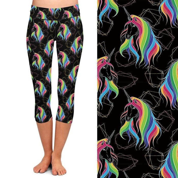 Ladies Black Capris With 3D Neon Rainbow Unicorns Printed Leggings