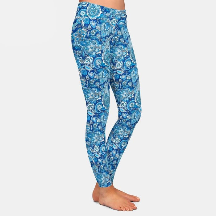 Ladies Blue 3D Paisley Printed Leggings