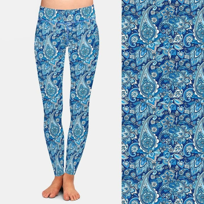 Ladies Blue 3D Paisley Printed Leggings