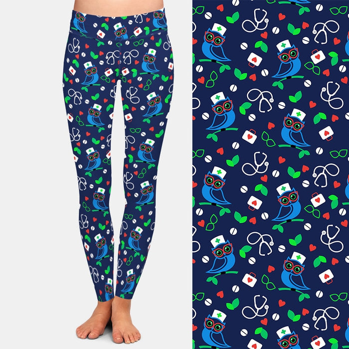 Ladies Blue Owl Doctor/Nurse Printed Leggings