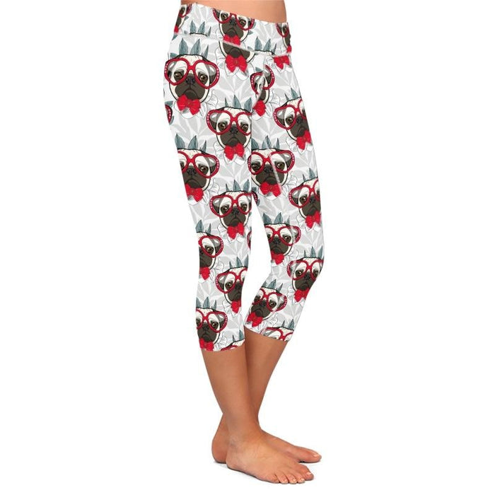 Ladies Cartoon Dogs With Heart Glasses Printed Capri Leggings