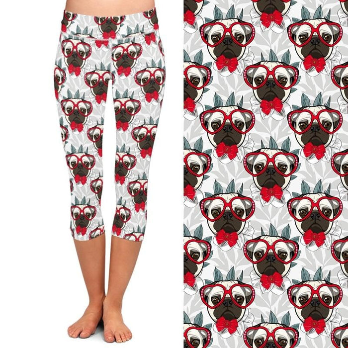 Ladies Cartoon Dogs With Heart Glasses Printed Capri Leggings