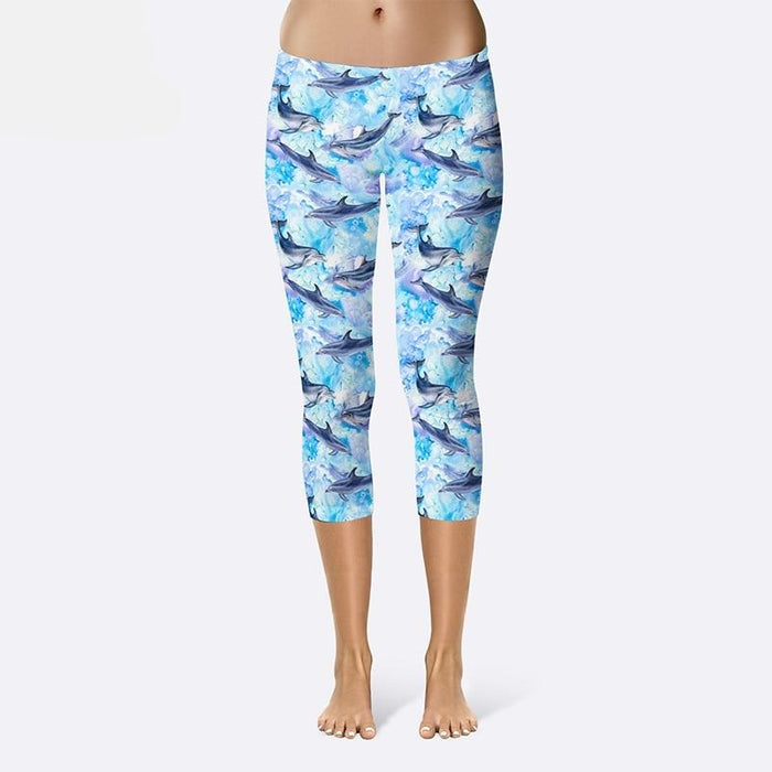 Ladies Cartoon Dolphins Printed Capri Leggings