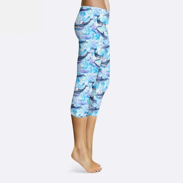 Ladies Cartoon Dolphins Printed Capri Leggings