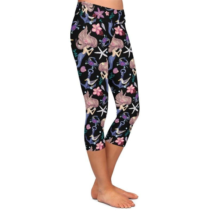 Ladies Cartoon Mermaid Under The Sea Printed Capri Leggings