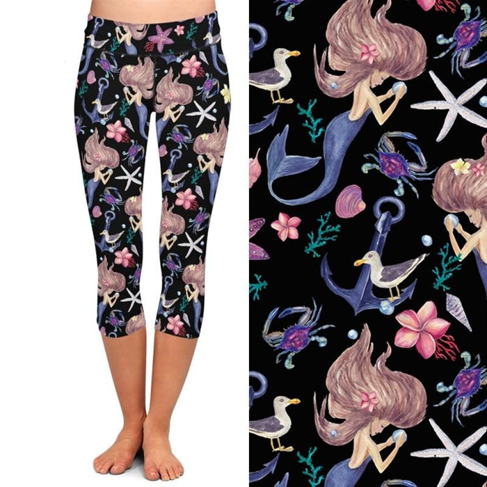 Ladies Cartoon Mermaid Under The Sea Printed Capri Leggings