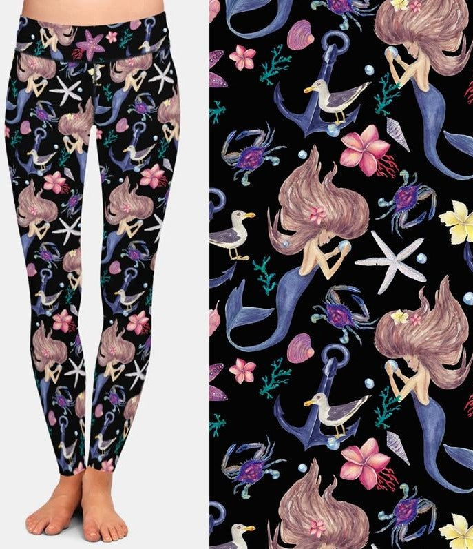Ladies Cartoon Mermaid Under The Sea Printed Leggings