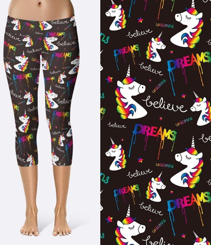 Ladies Cartoon Unicorn Dreams Printed Capri Leggings