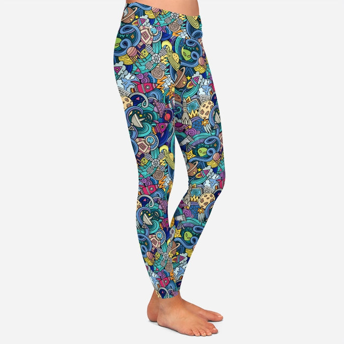 Ladies Casual 3D Cartoon Hand-Drawn Space Style Printed Leggings