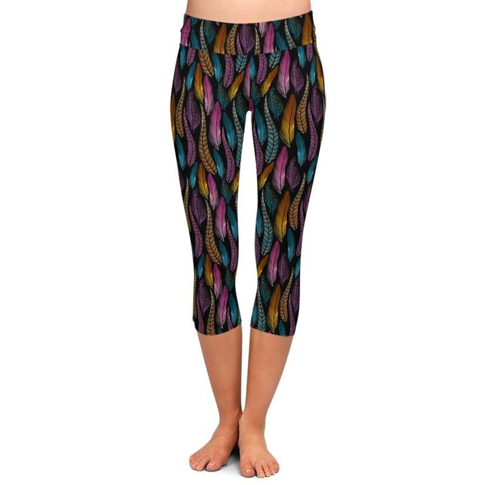 Ladies Colorful Feathers Printed Capri Leggings
