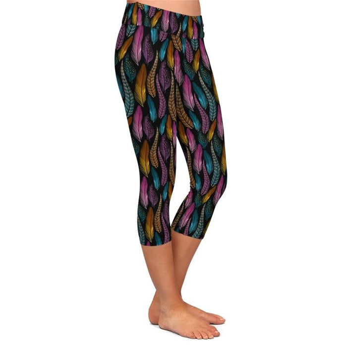 Ladies Colorful Feathers Printed Capri Leggings