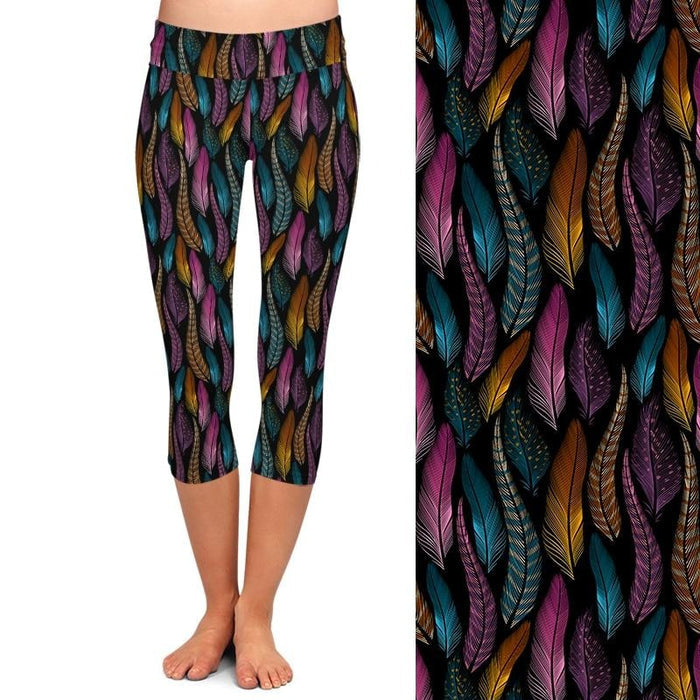 Ladies Colorful Feathers Printed Capri Leggings