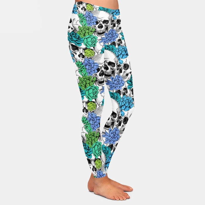 Ladies Cool 3D Skulls & Flowers Design Printed Leggings