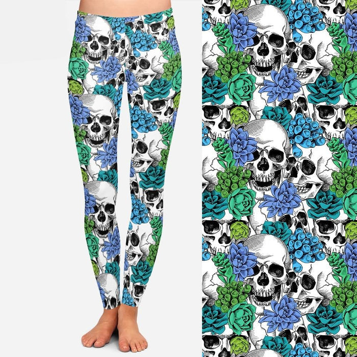 Ladies Cool 3D Skulls & Flowers Design Printed Leggings