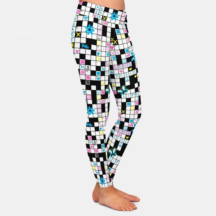 Ladies Crossword Puzzle With Flowers & Butterflies Printed Leggings