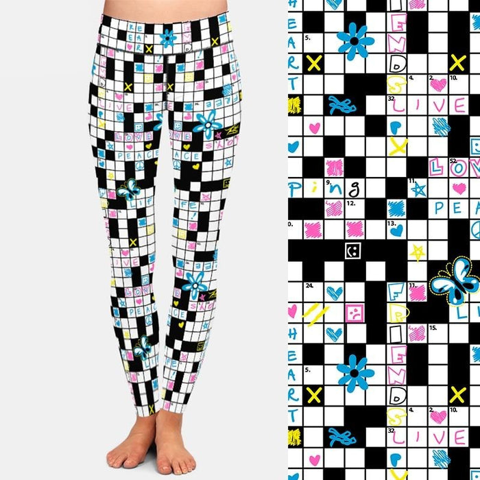 Ladies Crossword Puzzle With Flowers & Butterflies Printed Leggings
