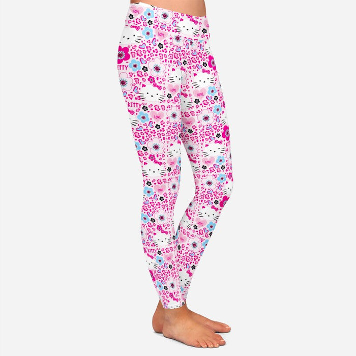 Ladies Cute 3D Cartoon Cat & Flowers Patterned Leggings