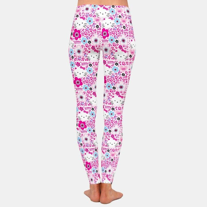 Ladies Cute 3D Cartoon Cat & Flowers Patterned Leggings