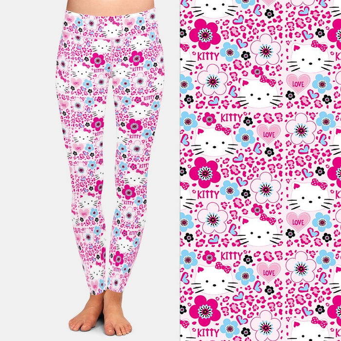 Ladies Cute 3D Cartoon Cat & Flowers Patterned Leggings