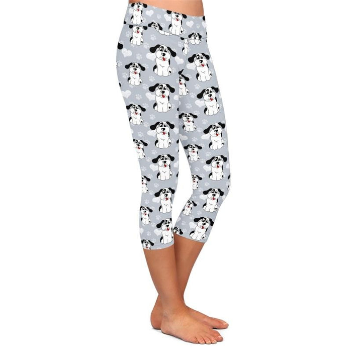 Ladies Cute 3D Cartoon Dogs and Paw Prints Capri Leggings