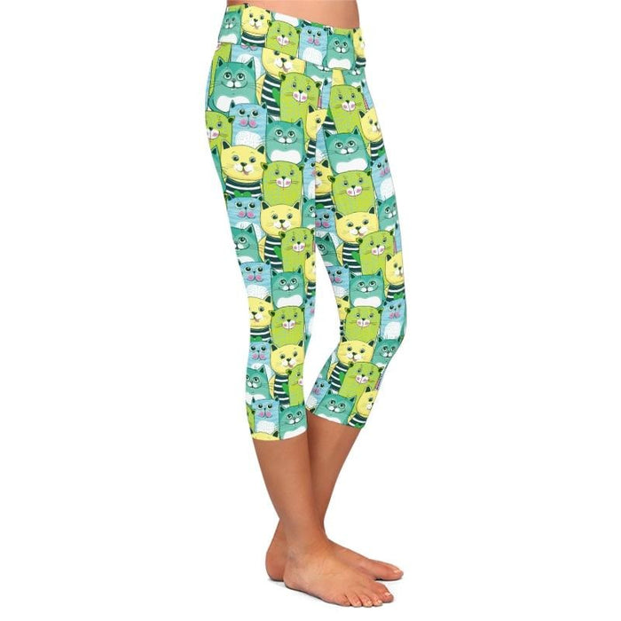 Ladies Cute Cartoon Cats Printed Capri Leggings