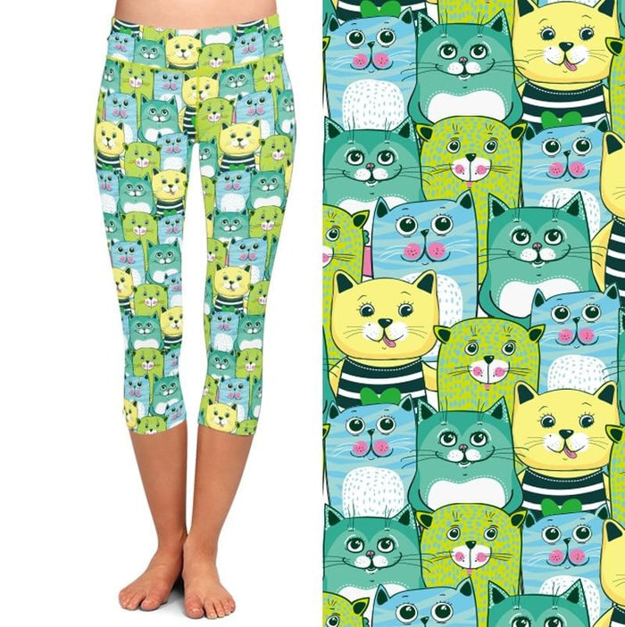 Ladies Cute Cartoon Cats Printed Capri Leggings
