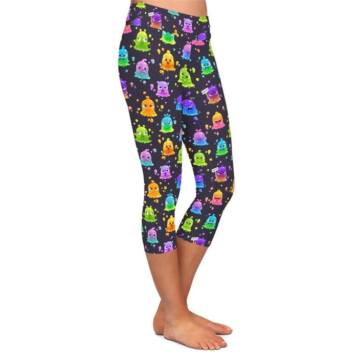 Ladies Cute Cartoon Colourful Slime Monsters Capri Leggings