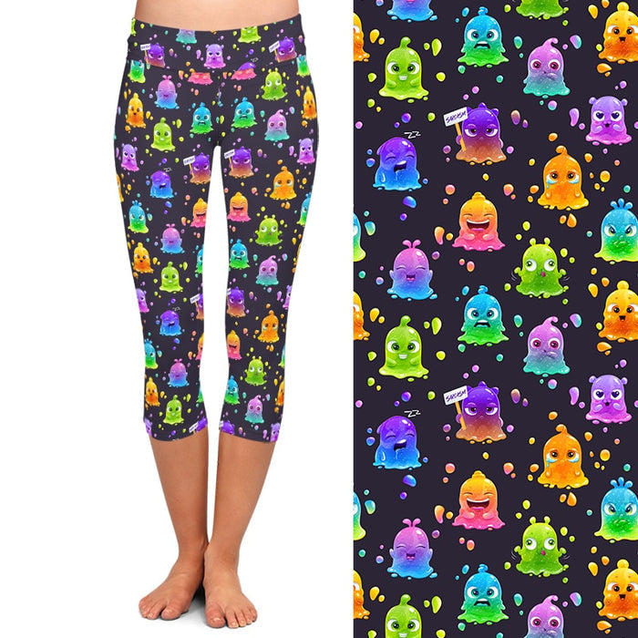 Ladies Cute Cartoon Colourful Slime Monsters Capri Leggings