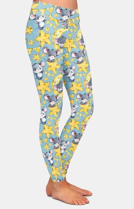 Ladies Cute Mice On The Cheese Moon Printed Leggings