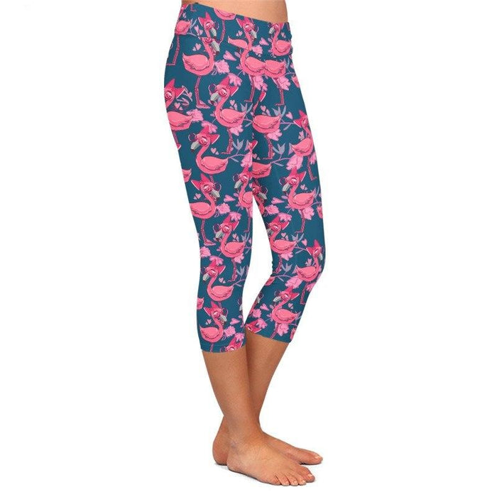Ladies Cute Pink Flamingo Printed Capri Leggings