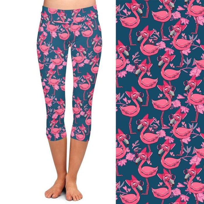 Ladies Cute Pink Flamingo Printed Capri Leggings