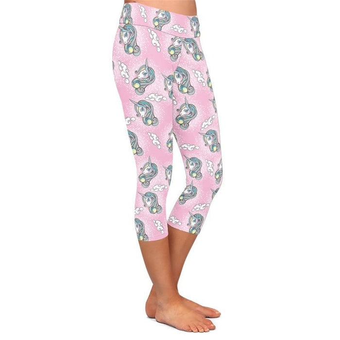 Ladies Cute Unicorns, Stars & Clouds Printed Capri Leggings