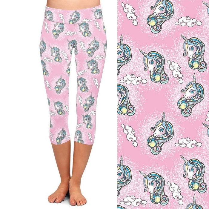 Ladies Cute Unicorns, Stars & Clouds Printed Capri Leggings