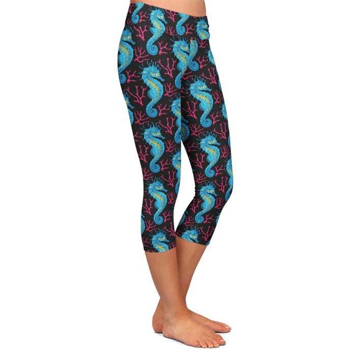 Ladies Gorgeous Blue Seahorse Capri Leggings